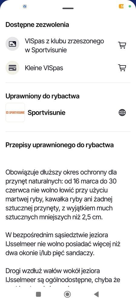 Zrzut ekranu aplikacji VISplanner pokazujący szczegółowe przepisy wędkarskie i limity zabierania ryb w języku polskim
